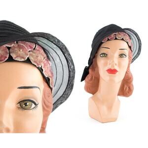 Vintage 1920s Cloche 20s Velvet Floral Black Woven Summer Evening Hat with Bow
